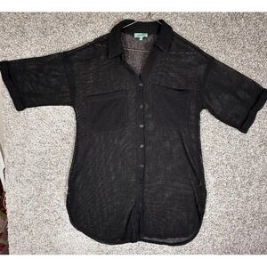 Aruba Blue Black Mesh Net Button Front Short Sleeve Shirt Cover Up M Vacation